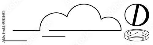 Minimalist cloud, digital coin with dollar sign, and abstract shapes representing connectivity. Ideal for finance, technology, cloud storage, data security, digital innovation, economy blockchain
