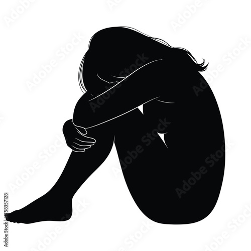 Silhouette of a woman curled up with her head down and arms around her legs on white background