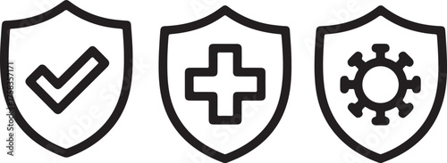 Minimalist shield icon set showing health protection, virus prevention, and medical care symbols in outline vector design