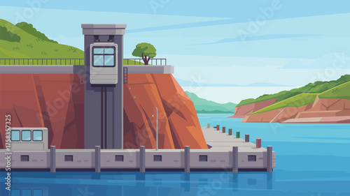 A cartoon illustration of a dam with a control tower and a small tree on top of a cliff near the water