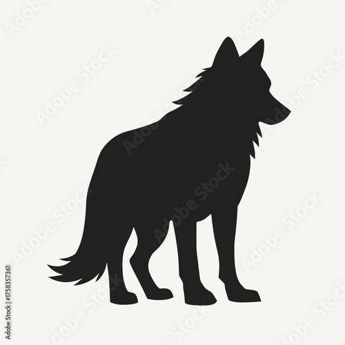 Standing wolf silhouette in black against white background. Wolf silhouette presents a classic canine form with details of its fur texture and upright posture.