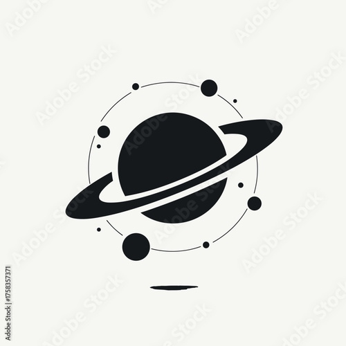 Planet illustration with rings and moons against a soft white background. Planet drawing shows celestial bodies with simple black fill on off white paper.