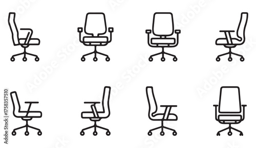 Minimalist line art of adjustable office chairs in various positions for business, corporate, and design projects