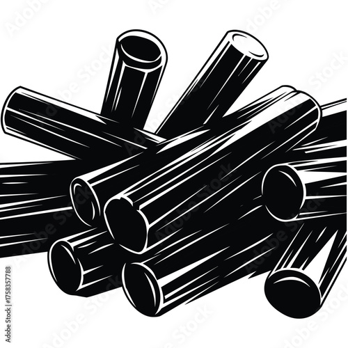 A monochrome illustration of a pile of cylindrical objects with white highlight lines art silhouette