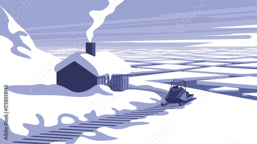 A snowy landscape with a small house a snowmobile and ice floes under a light blue and white sky