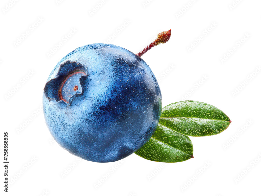 Obraz premium Single Blueberry Close-Up with Leaf and Stem on Transparent Background Isolated Fruit Summer Berry Healthy Snack Food Ingredient Fresh Organic Dessert Nutrition