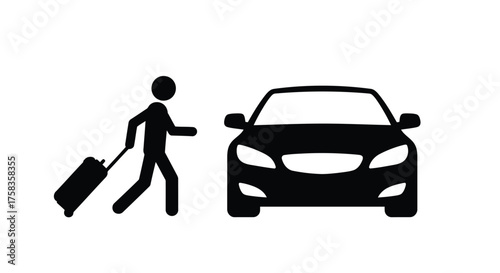 Stick figure with luggage getting into a car