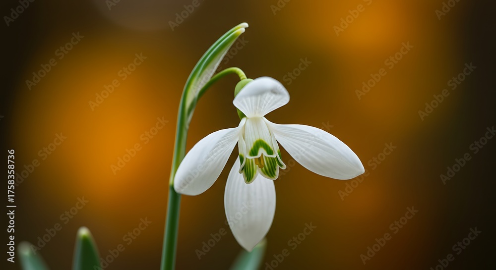 Fototapeta premium Close up of a delicate white snowdrop flower against blurred warm background