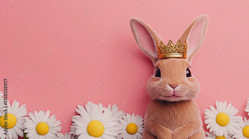 Obraz premium Adorable 3D Rendering of a Baby Rabbit Wearing a Crown Surrounded by Daisies on a Pink Background