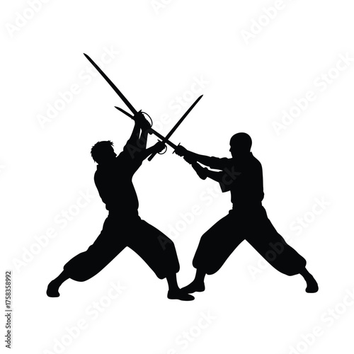 Silhouette depiction of two figures engaged in a sword fight with traditional japanese attire