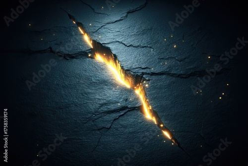 Crack in dark stone with glowing energy emitting from it