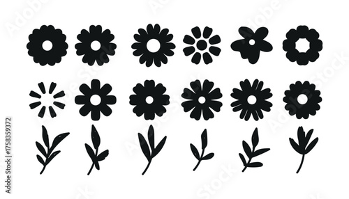 Collection of black silhouette gears and cogs isolated on a white background.