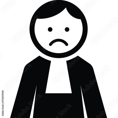 A black and white drawing of a person with a sad face wearing a white collar and black robe silhouette