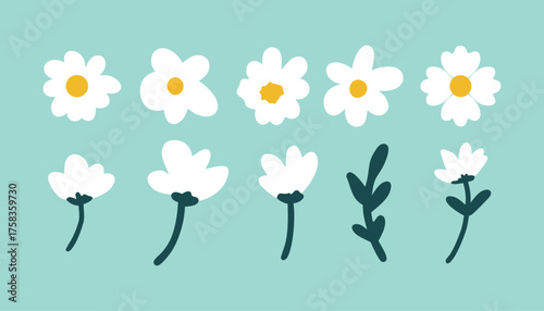 Collection of simple hand drawn white daisies with yellow centers and green stems on a light blue background.