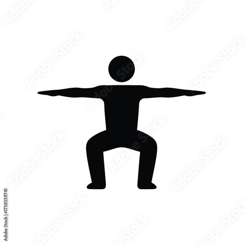 A black silhouette of a person doing a squat with arms outstretched on a white background