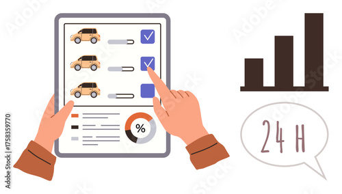 Hands interact with a tablet displaying car selection, progress chart, and analysis bar graph. Ideal for business, rental management, logistics, tracking, decision-making, technology simple flat