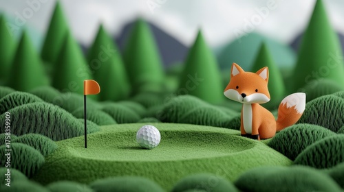 Cute 3D Render of a Baby Fox Playing Golf in a Lush Green Landscape with a Flag and Golf Ball