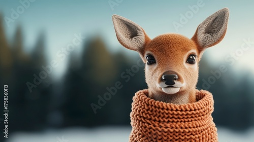 Adorable 3D Render of a Baby Deer Wearing a Cozy Tiny Scarf in a Serene Natural Setting