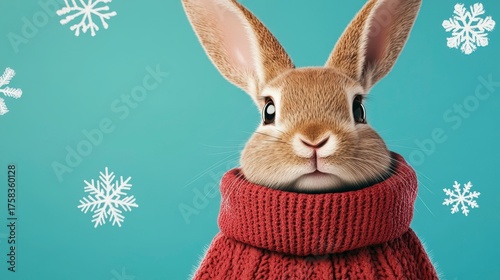 Cute Baby Bunny in a Cozy Christmas Sweater Surrounded by Snowflakes in a Stunning 3D Render