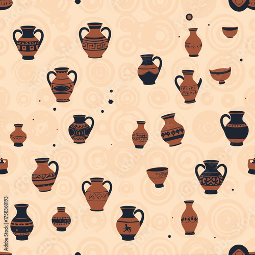 A Repeating Pattern of Ancient Greek Pottery Vessels and Circular Motifs