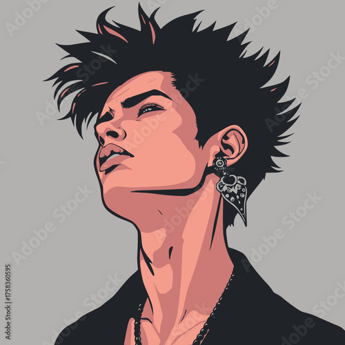 An illustration of a stylish young person with a punk rock hairstyle and dramatic makeup wearing a leather jacket and striking earrings