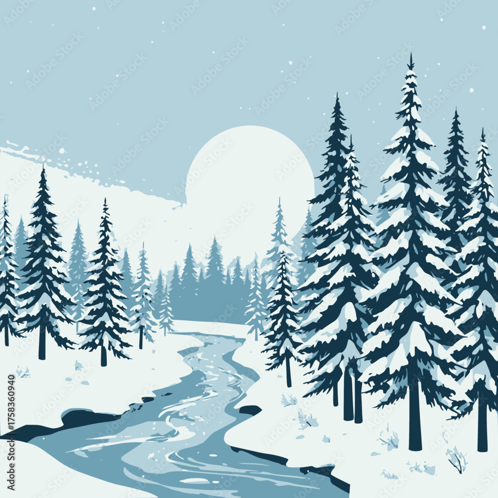 Fototapeta premium A Serene Winter Landscape Featuring Snow Covered Pine Trees Beside a Winding Frozen River Under a Pale Moonlit Sky