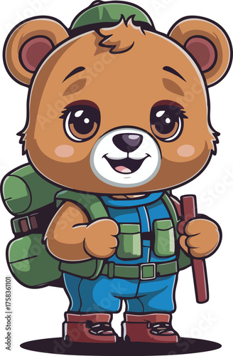 Cartoon Bear Cub Hiker with Backpack