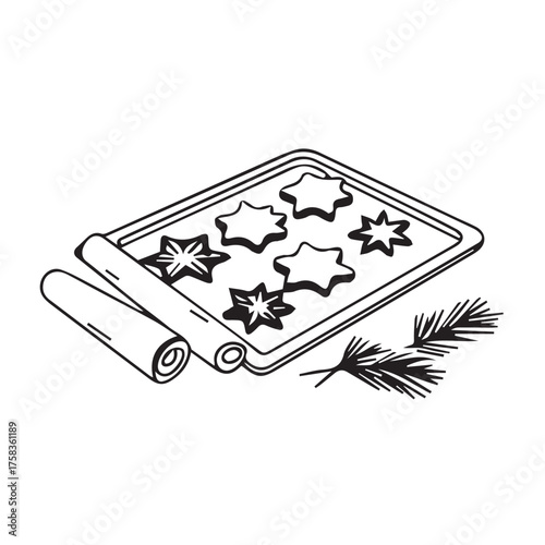 Handdrawn illustration isolated on white background of a baking sheet with starshaped cookies, a rolled dough, and pine branches, creating a festive and cozy christmas baking scene