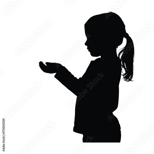 A black silhouette profile of a young girl with pigtails cupping her hands together representing concepts of giving receiving and protection