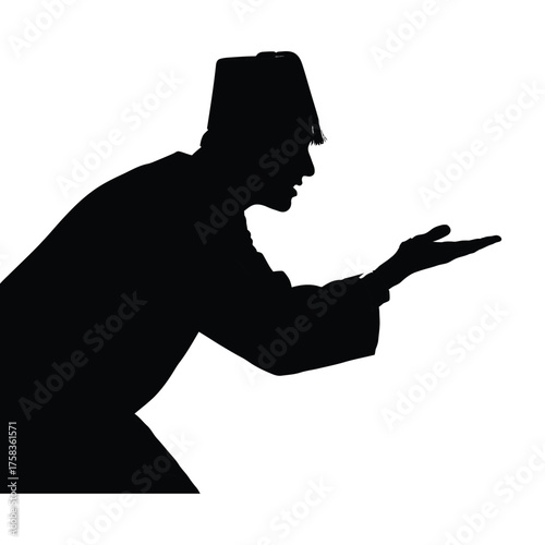Silhouette of a man wearing a fez and gesturing with his hands against a white background