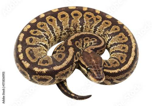 Fotografie Isolated colorful ball python snake reptile, with scales, coiling, head close, n