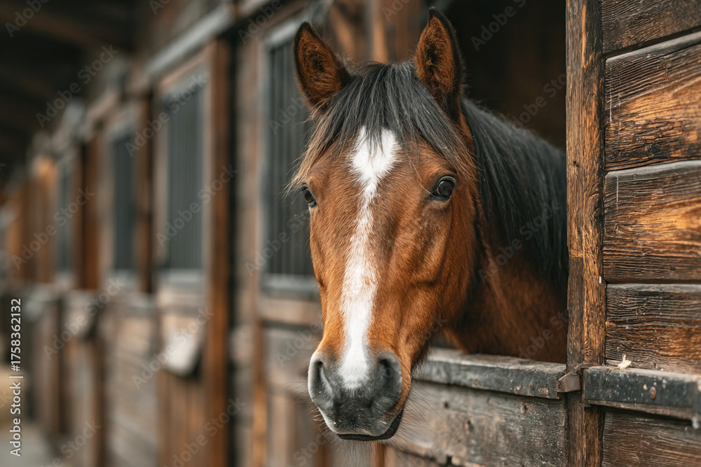 Fototapeta premium Modern clean stable with a horse in the background showing a tranquil equine environment