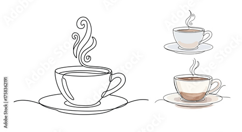 Three cups of coffee with steam, line drawing