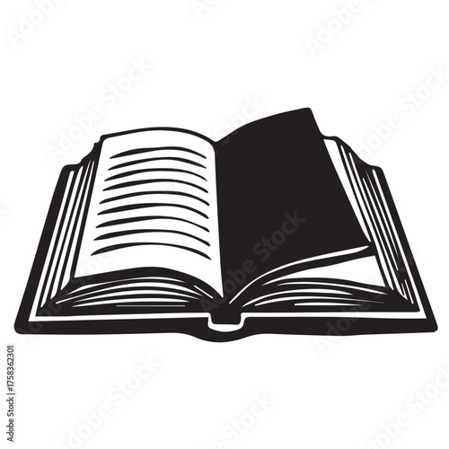 Illustration of an open book in black and white isolated on white background, ideal for educational materials, literary themes, and representing knowledge or storytelling