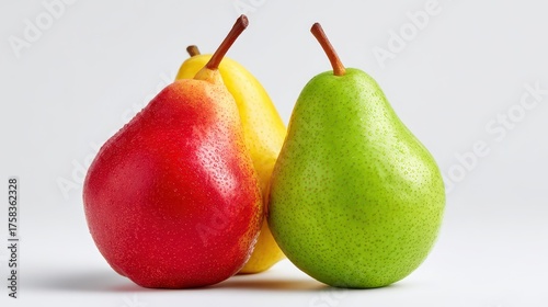 A vibrant display of three pears: red, yellow, and green, showcasing their fresh appearance against a clean background.