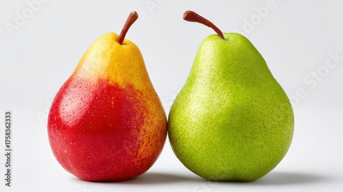 Two vibrant pears, one red and one green, are displayed side by side against a light background, showcasing their distinct colors and textures.