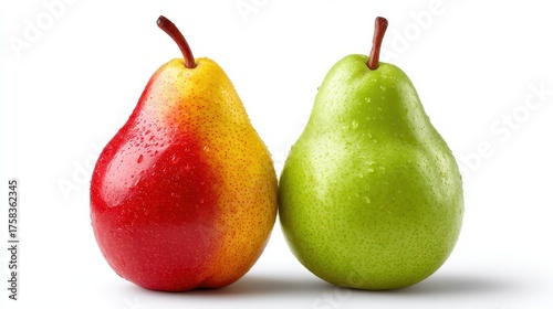 Two fresh pears, one red and yellow, the other green, are displayed side by side, glistening with moisture on a clean, white background.
