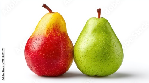 Two fresh pears, one red and one green, are displayed side by side against a clean, white background, showcasing their vibrant colors and natural textures.