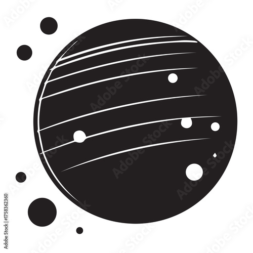 Abstract planet illustration isolated on white background depicts a celestial body with orbiting moons and rings, rendered in a minimalist black and white style, ideal for spacethemed designs