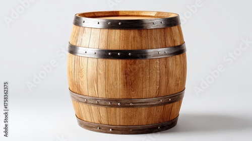A wooden barrel with metal bands, showcasing craftsmanship and natural grain, suitable for storage or decor.