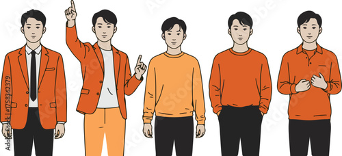 Illustrations of a man in various orange outfits against a white background