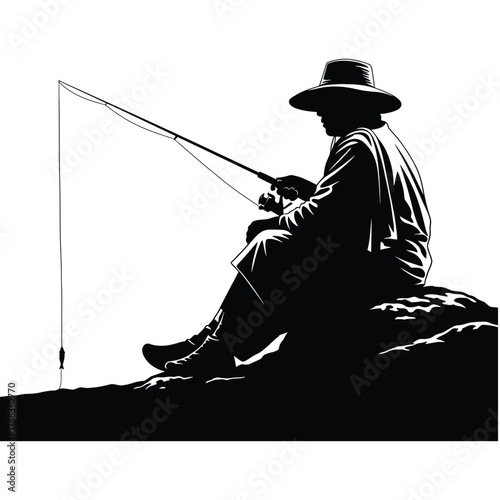 A silhouette of a man with a hat sitting on a rock and fishing with a fishing rod in black and white