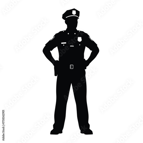 Silhouette of a police officer standing with hands on hips wearing a uniform and a hat badge