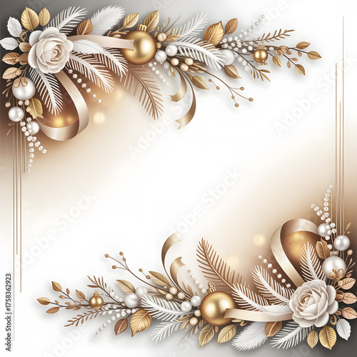 Gold White Elegant Christmas Floral Background with Ornaments