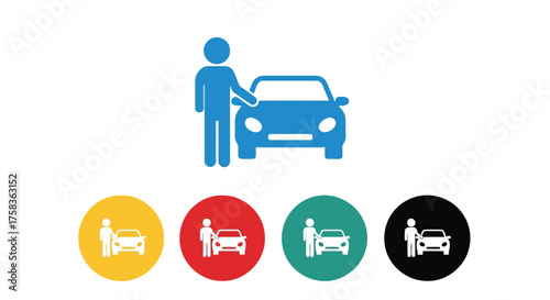 Blue icon of a person standing next to a car