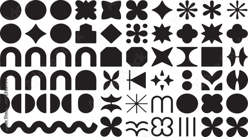 Assorted black geometric shapes on white grid geometric, shapes, black, white, pattern, design, abstract, grid, minimalist, decorative, collection, icons