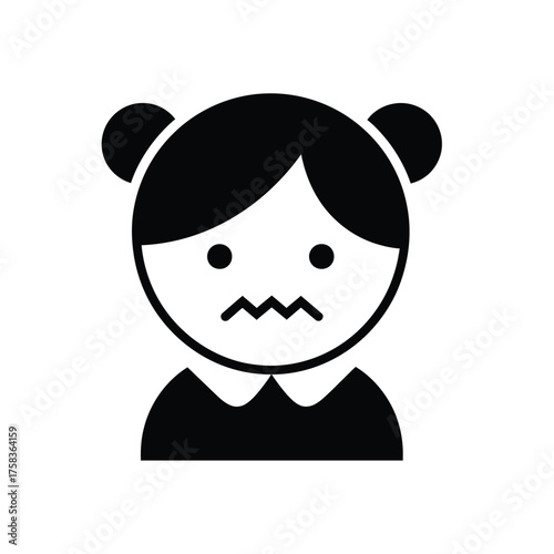 Illustration of a girl with black hair in buns and a worried expression in black and white silhouette