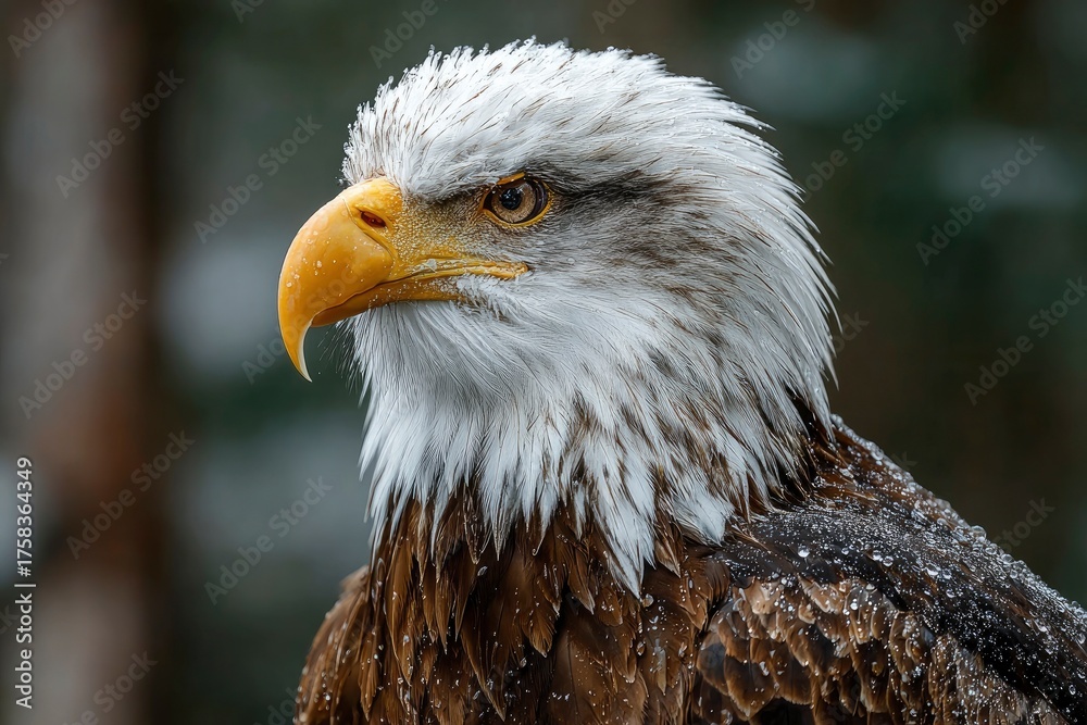 Fototapeta premium Majestic Bald Eagle Perched, Snowy Background in Nature Setting