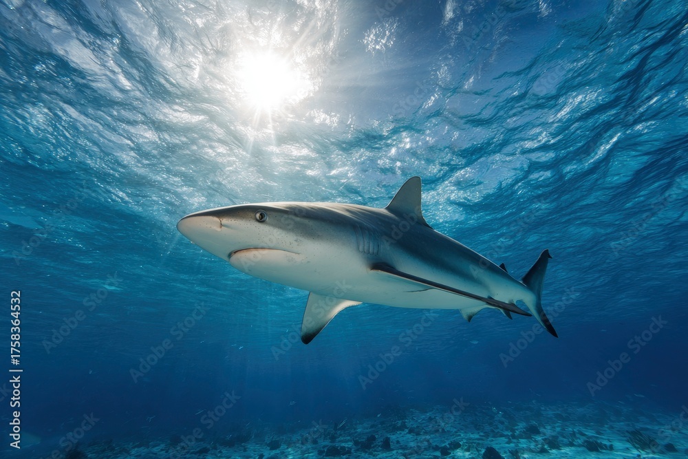Obraz premium Majestic Shark Swimming Under Crystal Clear Ocean Waters