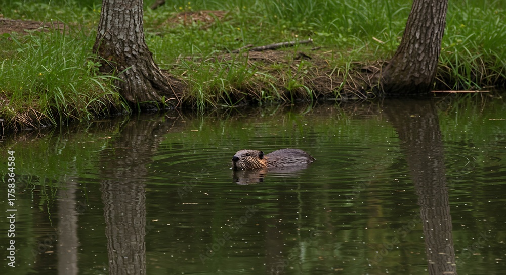 Fototapeta premium Beaver swimming in calm water reflecting trees in natural environment